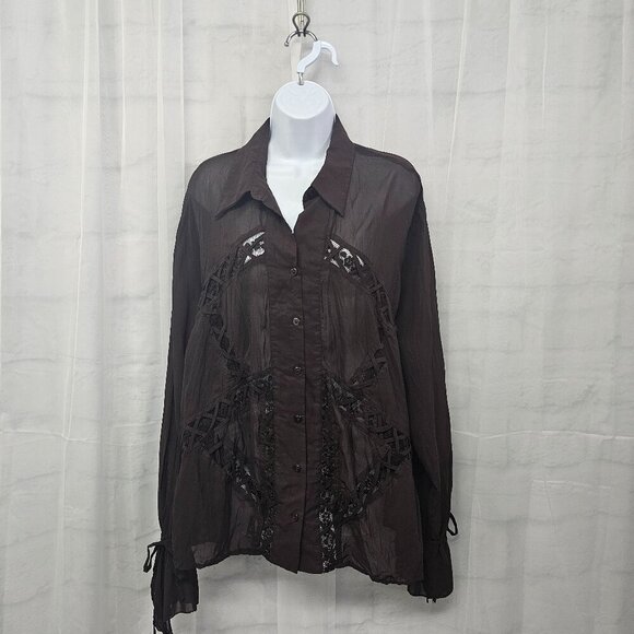 Kaelyn Max Blouse Brown Sheer Boho Lace Gypsy Hippie 1X - Picture 1 of 12